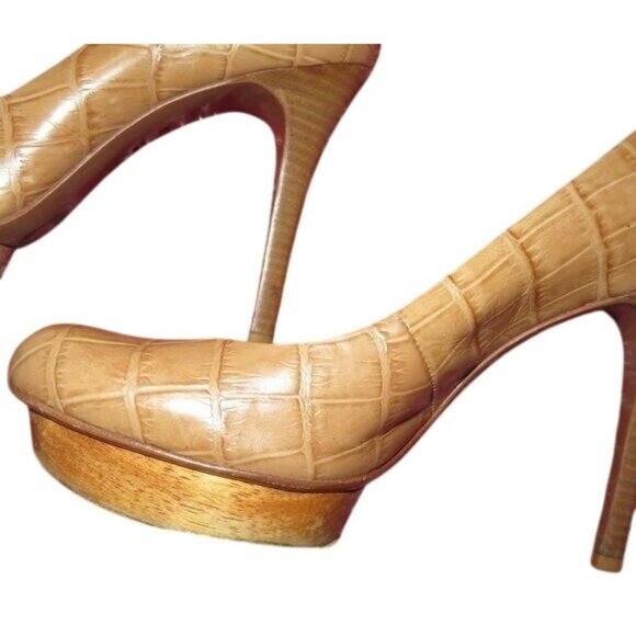 Tory Burch Tan Brown Croc Embossed Italian Leather Platform Pumps Heels size 8.5 - Picture 8 of 12